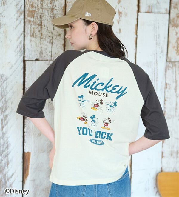 Disney＞【ミッキー】バックプリント7分丈ラグランTシャツ