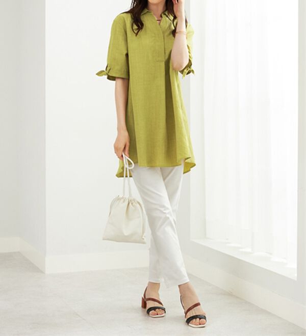 BELLUNA（ベルーナ）の「【接触冷感】麻調素材袖リボン使いシャツチュニック（チュニック）」｜詳細画像