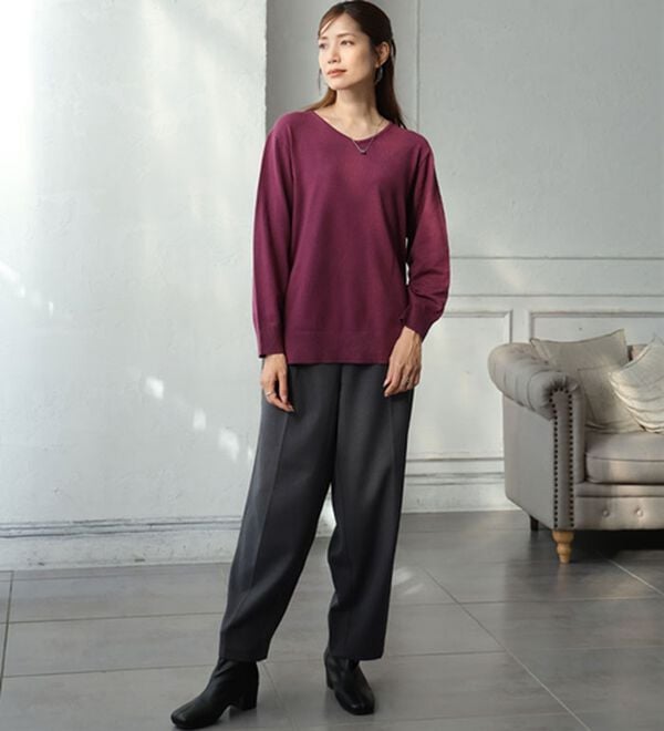 A HAPPY MARILYN（アハッピーマリリン）の「【Ｌ～８Ｌ】Ｒｉｎ フィット感軽減！Ｔシャツ感覚もっちりやわらかＶネックニット（ニット・セーター）」｜詳細画像