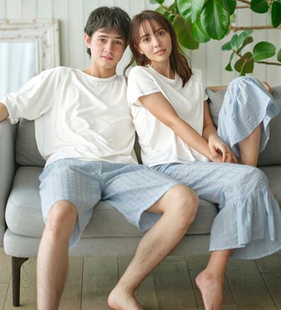 YU'NOW（ユナウ）の「フリーダムスリーブＴシャツ＆サッカーパンツセット（パジャマ・ルームウェア）」