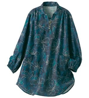 BELLUNA（ベルーナ）の「そのままお出かけ！スラブ素材かっぽうチュニック（チュニック）」｜ネイビー系花柄