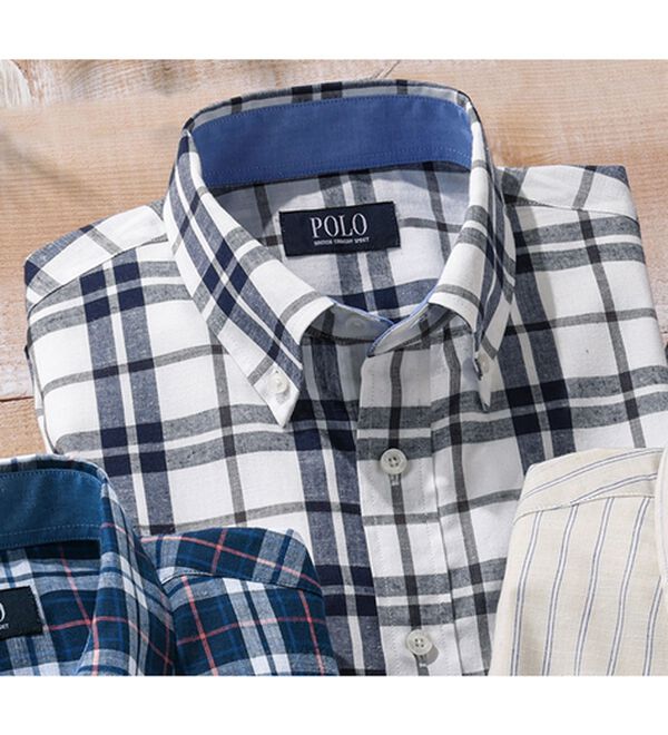 「＜ポロ・ビーシーエス＞麻入りさらさら７分袖シャツ（メンズシャツ）」｜アイボリーチェック