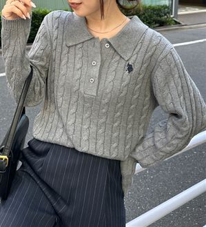 RANAN（ラナン）の「＜Ｕ．Ｓ．Ｐ＞刺繍長袖ケーブルポロニット（ニット・セーター）」｜グレー