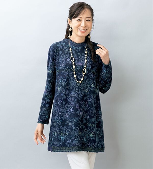 ルフラン（ルフラン）の「日本製　かすり花柄チュニック（ニット・セーター）」｜ブルー系