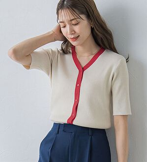 Pierrot（ピエロ）の「配色リブニットカーディガン（ニットカーディガン）」｜アイボリー×レッド