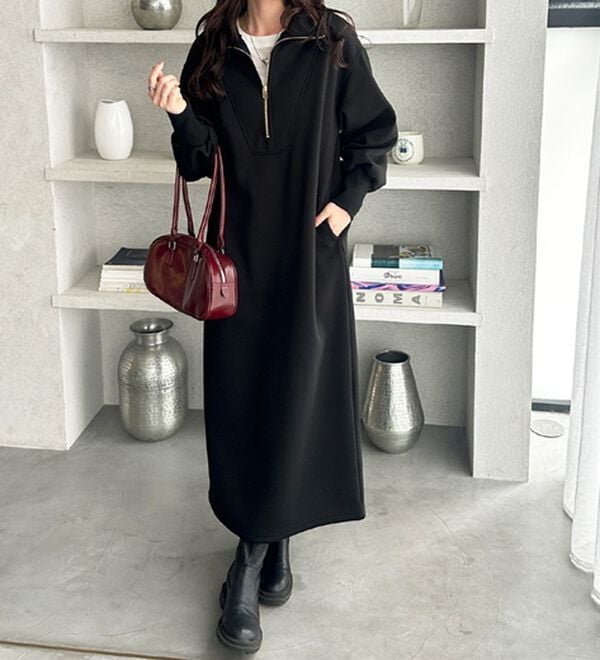 GeeRA（ジーラ）の「ハーフジップハイネック裏起毛ワンピース（カットソーワンピース）」｜詳細画像