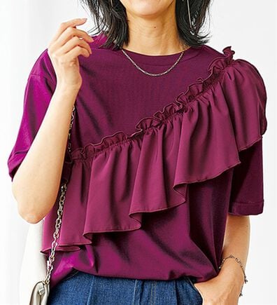BELLUNA（ベルーナ）の「UVカット！フリル異素材切替プルオーバー（Tシャツ）」