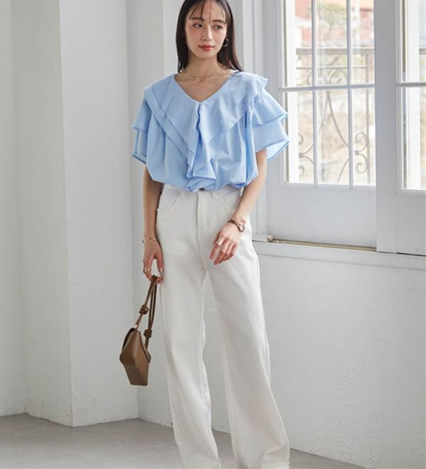 RANAN（ラナン）の「ビッグカラーフリルハーフスリーブブラウス（シャツ）」｜詳細画像