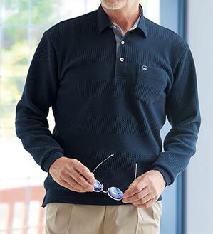 「＜ゴールデンベア＞ふくれジャカード布帛衿ポロシャツ（メンズポロシャツ）」｜ネイビー