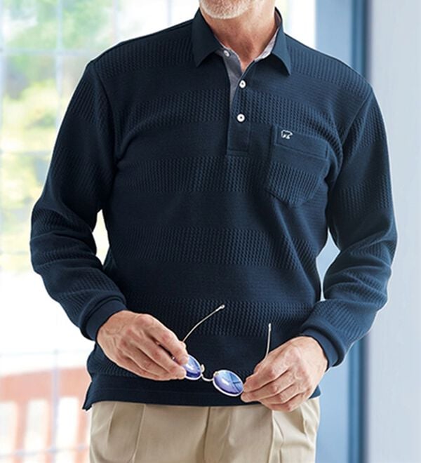 「＜ゴールデンベア＞ふくれジャカード布帛衿ポロシャツ（メンズポロシャツ）」｜ネイビー