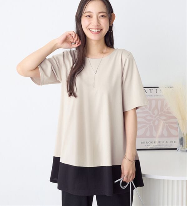 Viola e Viola（ヴィオラ エ ヴィオラ）の「【接触冷感】なめらか上品カットソー配色切替Ａラインチュニック（チュニック）」｜グレージュ