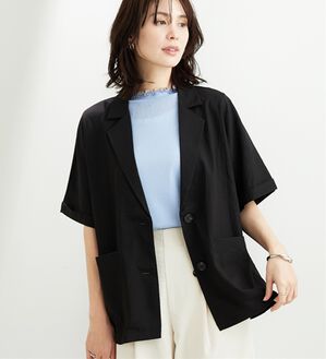 BELLUNA（ベルーナ）の「サラリ快適！ビンテージ調素材半袖テーラードジャケット（テーラードジャケット）」｜黒