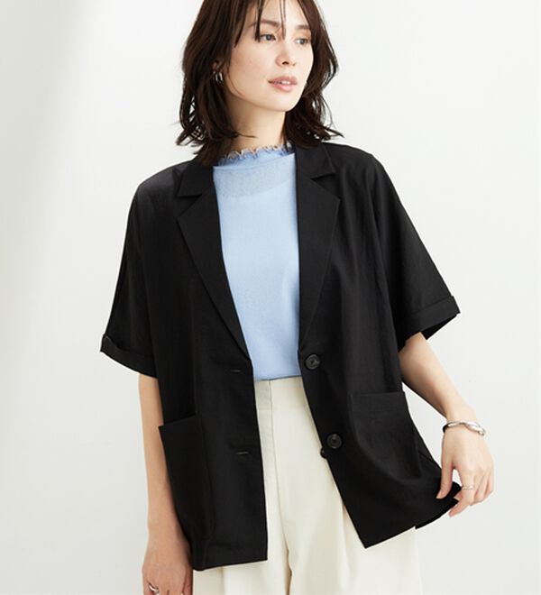 BELLUNA（ベルーナ）の「サラリ快適！ビンテージ調素材半袖テーラードジャケット（テーラードジャケット）」｜黒