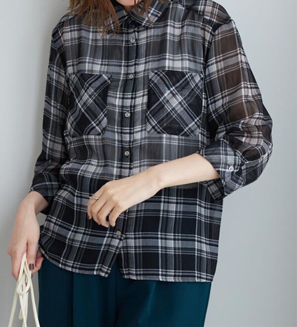 BELLUNA（ベルーナ）の「シフォン楊柳チェック柄プリントシャツ（シャツ）」｜詳細画像