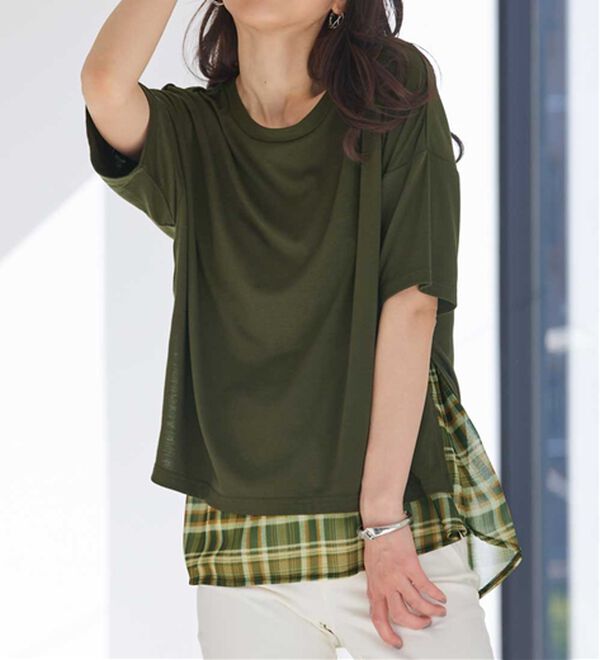 RANAN（ラナン）の「チェック柄異素材使いTシャツ（カットソー）」｜詳細画像