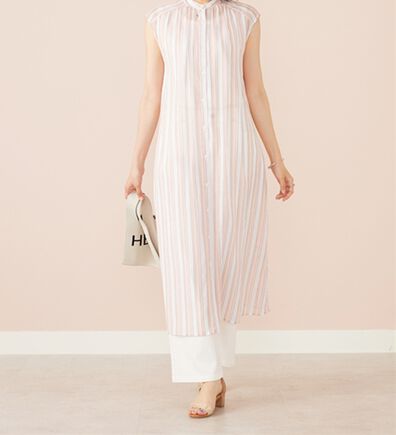 BELLUNA（ベルーナ）の「ラメ入りストライプ柄シアーロングシャツ（シャツワンピース）」