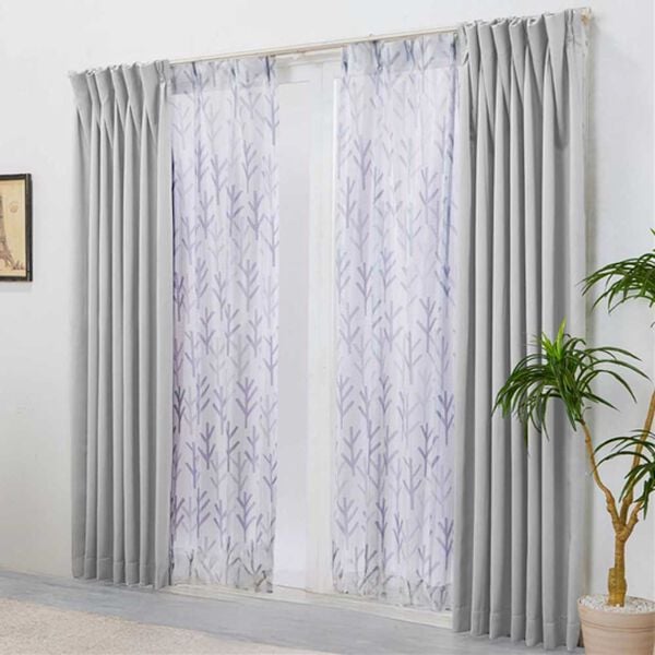 iellio（イエリオ）の「お買得カーテンセット（柄レース）＜４枚組・洗える・３級遮光・新生活・一人暮らし・引っ越し・模様替え・リーフ柄・ミモザ柄＞（ドレープカーテン）」｜ライトグレー(ツリーレース)