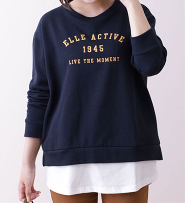 BELLUNA（ベルーナ）の「＜ＥＬＬＥ Ａｃｔｉｖｅ＞ロゴプリント重ね着風チュニック（チュニック）」｜ネイビー