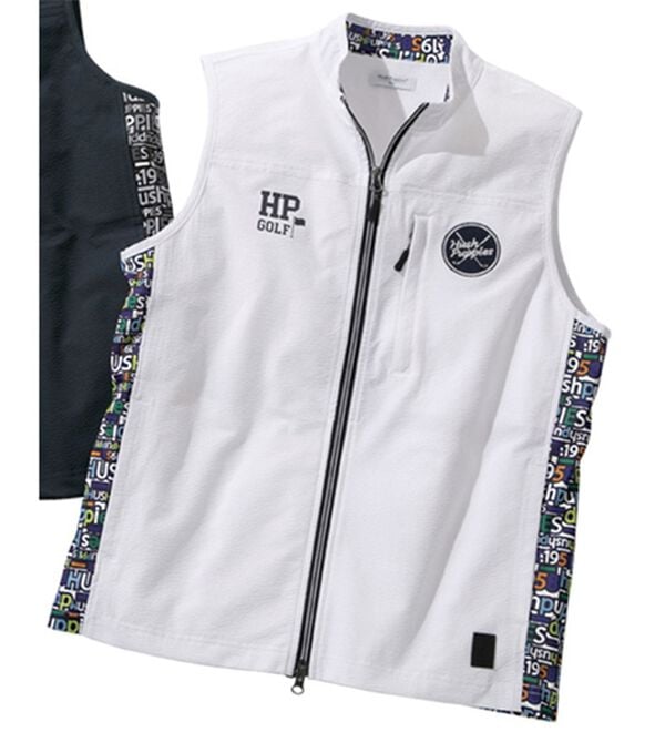 「＜ハッシュパピー・ゴルフ＞異素材切替ストレッチ総柄ベスト（メンズベスト）」｜白／ネイビー