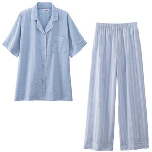 YU'NOW（ユナウ）の「【半袖＋ロングパンツ】綿１００％サッカーシャツパジャマ（パジャマ・ルームウェア）」｜ブルー