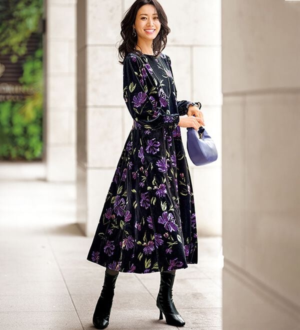 BELLUNA（ベルーナ）の「花柄プリントベロアワンピース（プリントワンピース）」｜詳細画像