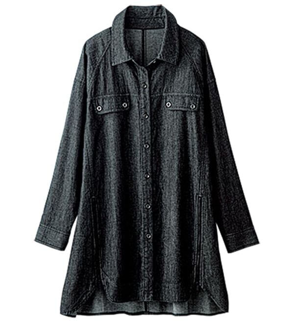 BELLUNA（ベルーナ）の「デニム素材ジッパー使いシャツチュニック（チュニック）」｜ブラック