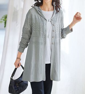 BELLUNA（ベルーナ）の「綿麻フードデザイン透かし編ニットジャケット（その他ジャケット）」｜グレー