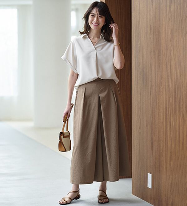 BELLUNA（ベルーナ）の「ひんやりスラブ調素材ガウチョパンツ（フルレングスパンツ）」｜詳細画像