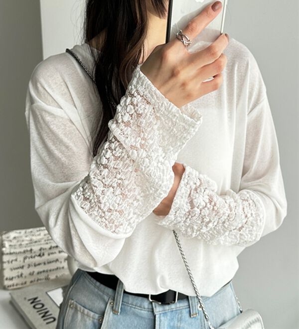 GeeRA（ジーラ）の「袖レーススラブシアーカットソー（カットソー）」｜詳細画像