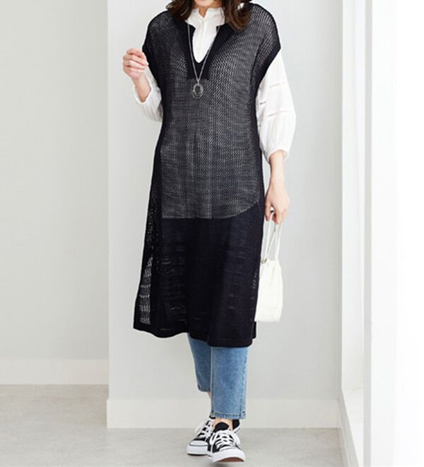 BELLUNA（ベルーナ）の「麻調ニット素材透かし編ロングベスト（ベスト）」｜詳細画像