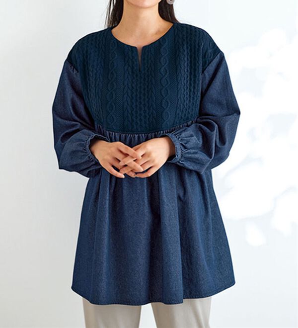 BELLUNA（ベルーナ）の「【２枚組】ケーブルジャカードデニム切替チュニック（チュニック）」｜詳細画像