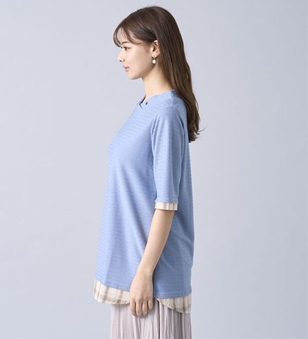 BELLUNA（ベルーナ）の「ひんやり冷感！タックジャカード素材重ね着風プルオーバー（カットソー）」｜詳細画像