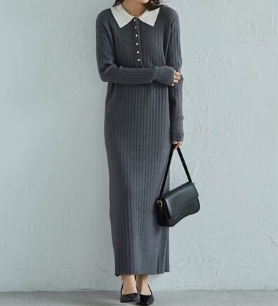 RANAN（ラナン）の「ポロカラーリブニットワンピース（ロングワンピース）」