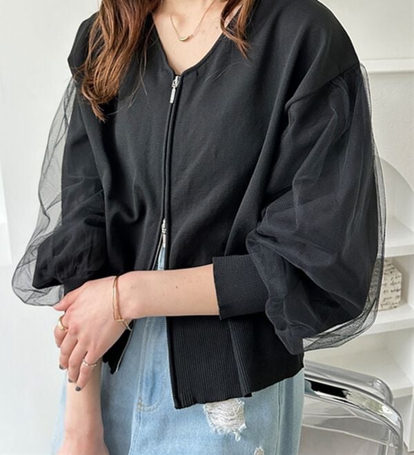 GeeRA（ジーラ）の「チュール袖ダブルジップカーディガン（ニットカーディガン）」｜詳細画像