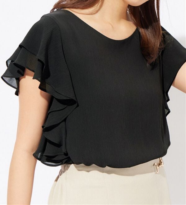 alotta（アロッタ）の「楊柳シフォン袖フリルブラウス（ブラウス）」｜ブラック