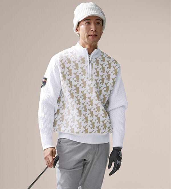 「＜ロッキーラビット＞シャドー柄ハーフジップセーター（メンズニット・セーター）」｜詳細画像