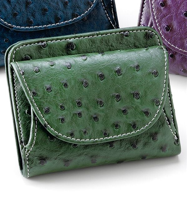「オーストリッチ風型押しコンパクト財布（財布・パスケース）」｜グリーン