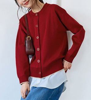 BELLUNA（ベルーナ）の「【快適Ｌａｂ．】洗える！軽い！配色使いニットカーディガン（ニットカーディガン）」｜レッド