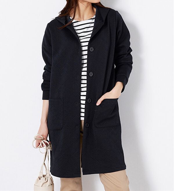 BELLUNA（ベルーナ）の「幾何柄ジャカード素材フードカーディガン（その他カーディガン）」｜ネイビー