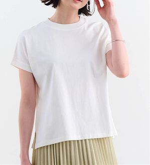 RANAN（ラナン）の「【選べる袖丈】【ひんやり・ＵＶ】＜BC＞綿100％プチハイネックＴシャツ（カットソー）」｜オフホワイト（半袖）