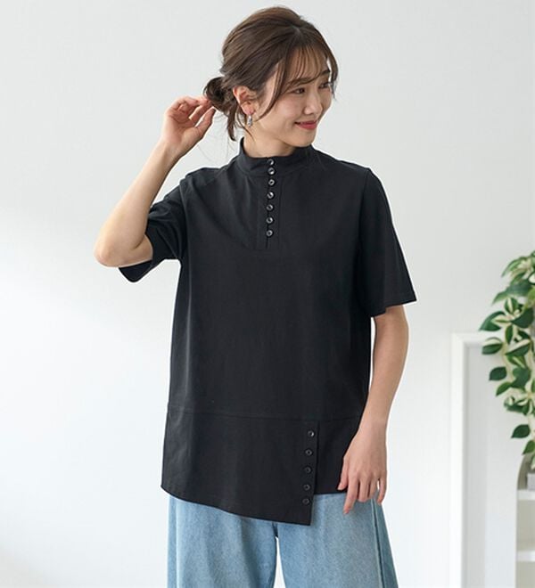 BELLUNA（ベルーナ）の「汗染み対策！綿１００％多ボタンハイネックＴシャツ（カットソー）」｜詳細画像