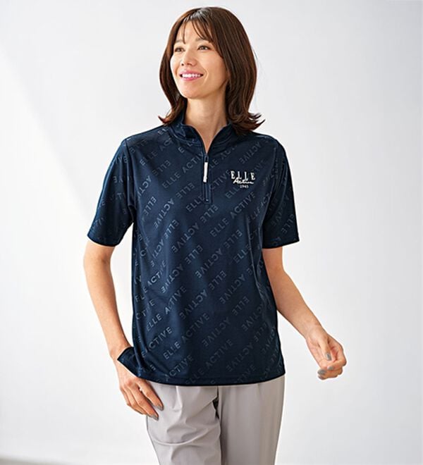 BELLUNA（ベルーナ）の「＜ＥＬＬＥ　Ａｃｔｉｖｅ＞総柄ハーフジッププルオーバー（カットソー）」｜ネイビー