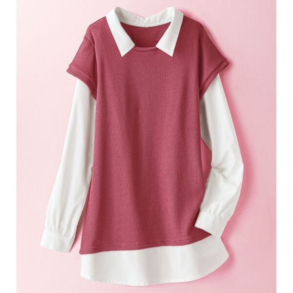 BELLUNA（ベルーナ）の「楽してお洒落シャツフェイクデザインチュニック（チュニック）」｜コーラル