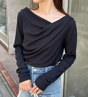 RANAN（ラナン）の「上品ドレープリブロングＴシャツ（カットソー）」｜ブラック