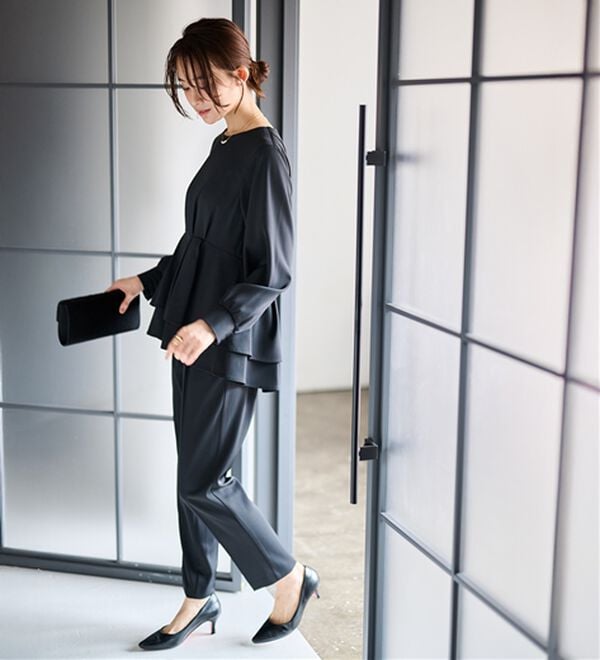 RANAN（ラナン）の「【２点セット】洗える！バックパール調ペプラムチュニックセットアップ（パンツスーツ）」｜詳細画像