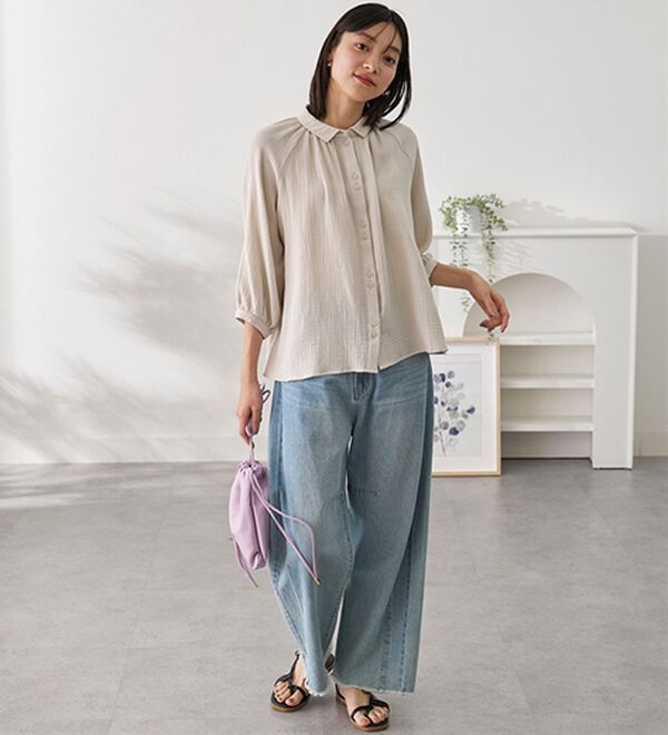 BELLUNA（ベルーナ）の「《ＨｕｇＲｅａｍコットン》ダブルガーゼギャザーブラウス（ブラウス）」｜詳細画像