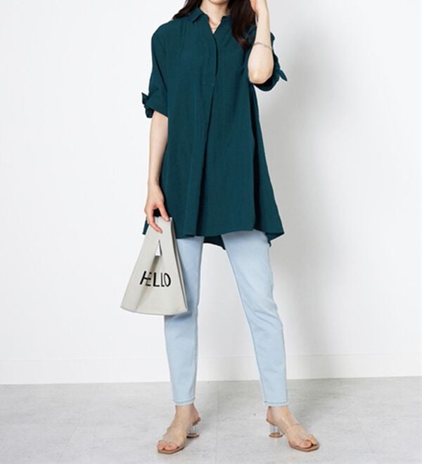 BELLUNA（ベルーナ）の「【接触冷感】麻調素材袖リボン使いシャツチュニック（チュニック）」｜詳細画像
