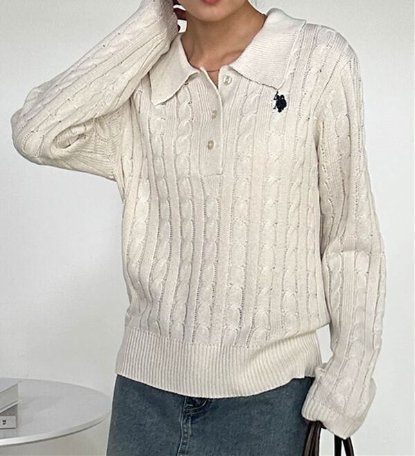 RANAN（ラナン）の「＜U.S.POLO ASSN.＞刺繍長袖ケーブルポロニット（ニット・セーター）」｜詳細画像