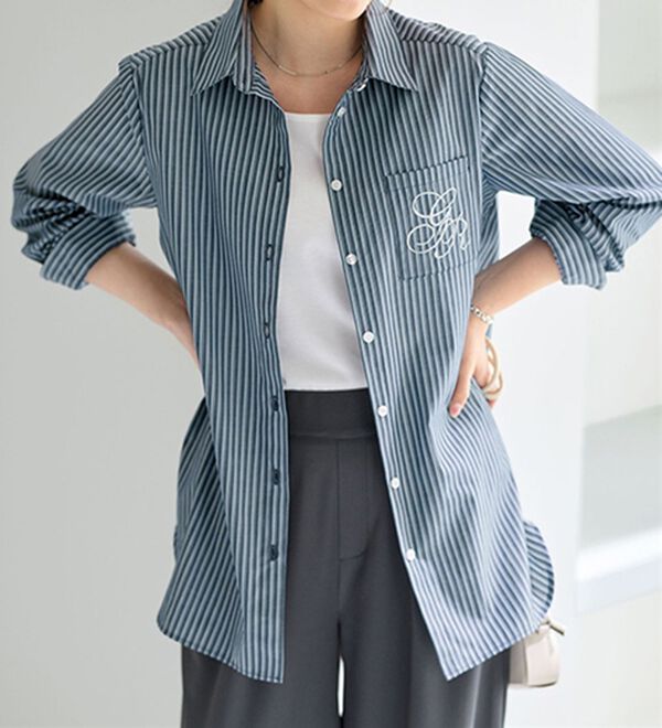 BELLUNA（ベルーナ）の「端境期にこれ一枚！万能シャツジャケット（シャツ）」｜ネイビーストライプ