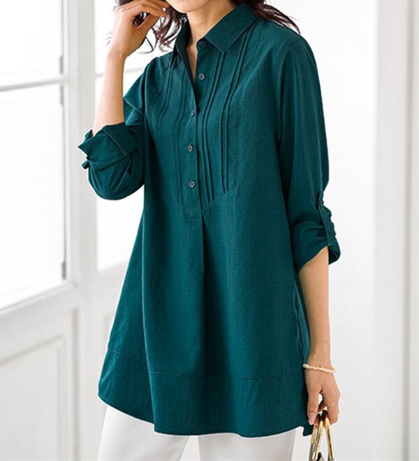 店舗・ネット限定】ピンタック使い麻調合繊シャツチュニック  